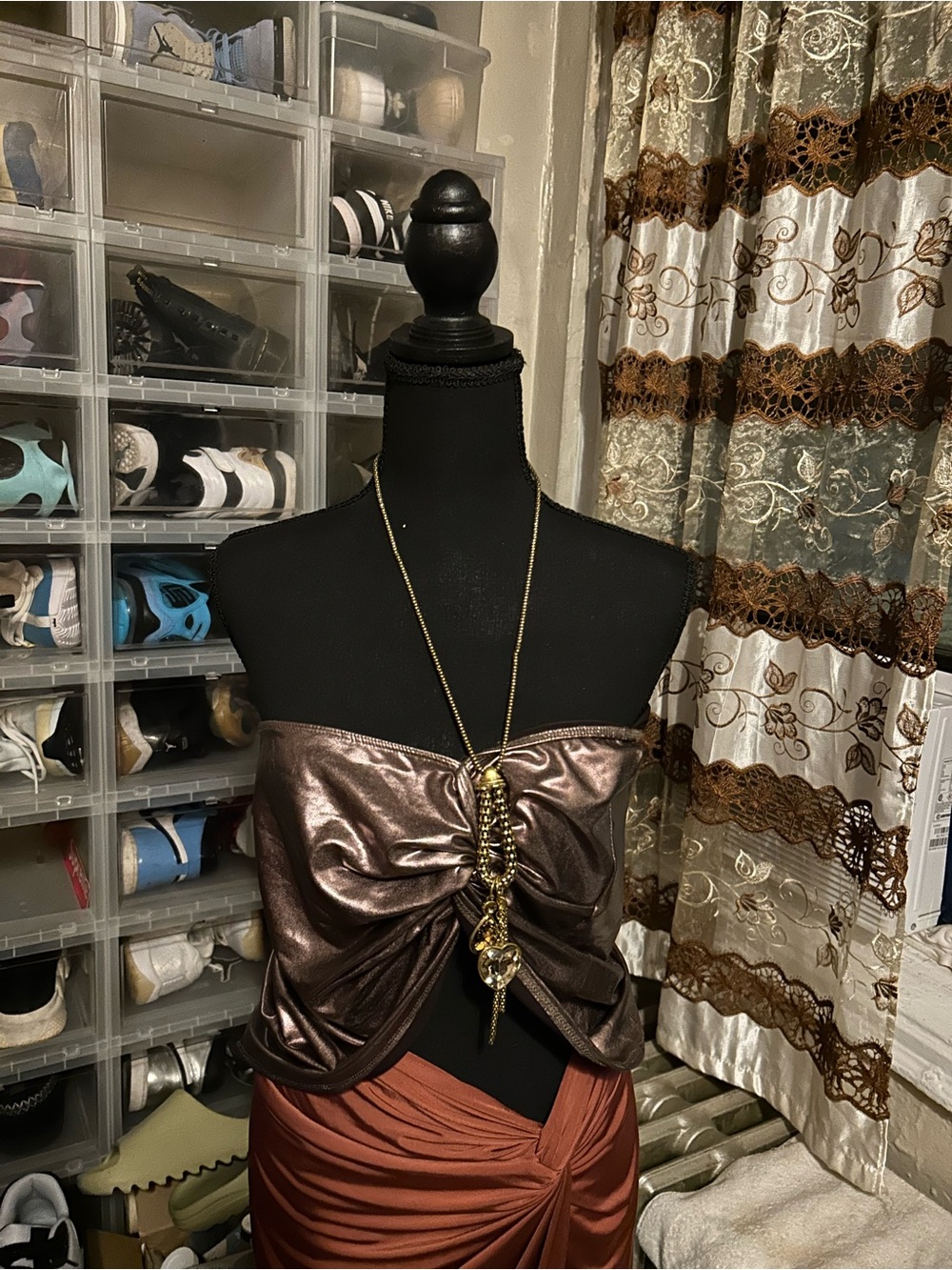 Fashion Nova Metallic Bronze Strapless Twist Front Crop Top